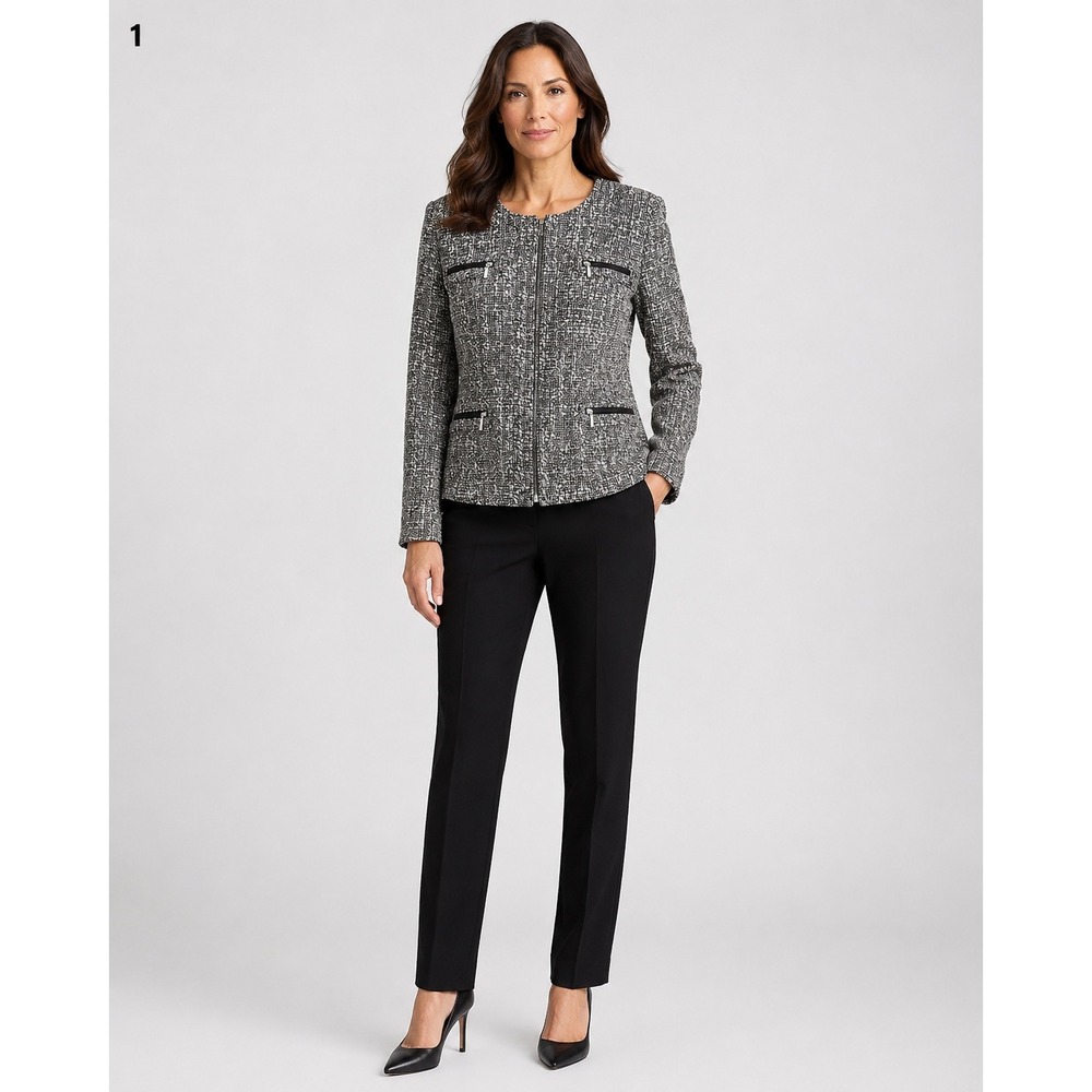 Soft Surroundings Blazer Jacket Womens Medium Gray Tweed Open Front Hook‎ & Eye